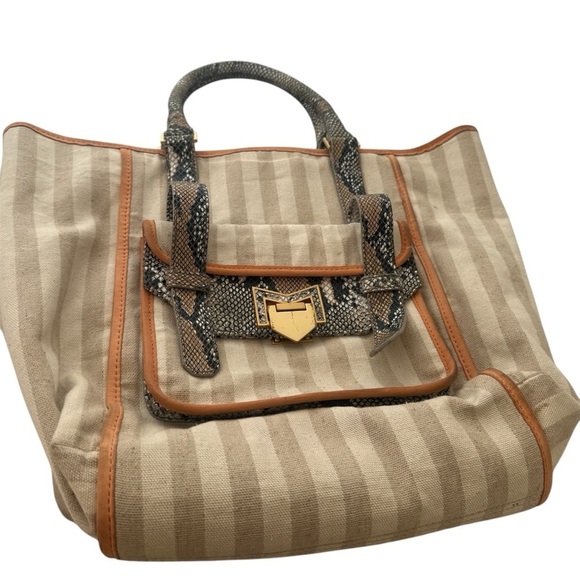 Treesje Beige Stripe Canvas Snakeskin Print Handbag Satchel Purse - Picture 1 of 12